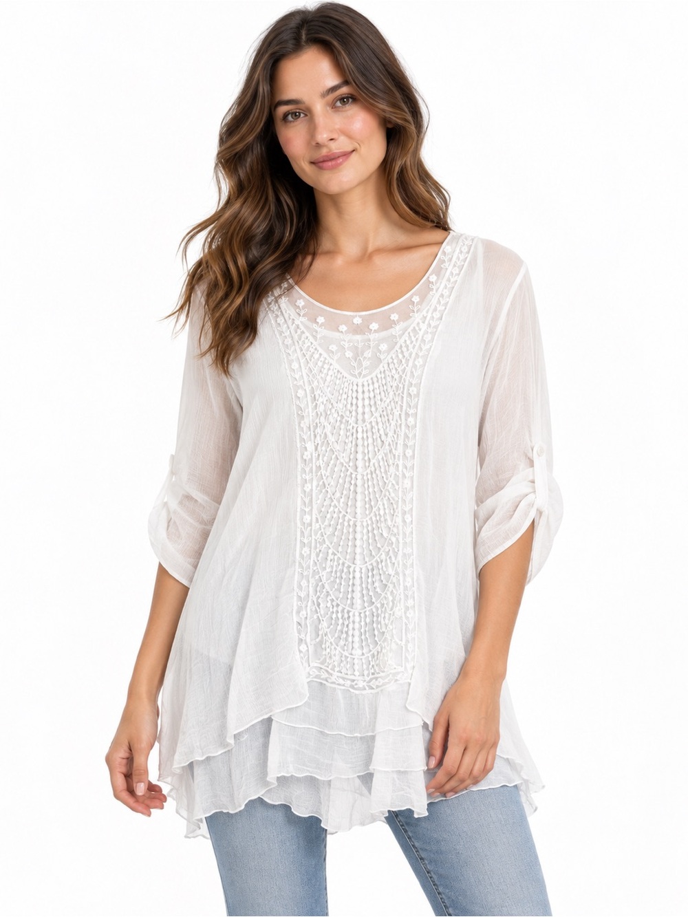 Bellambra White Silk Crochet Embroidered Boho Tunic Blouse Size Large
